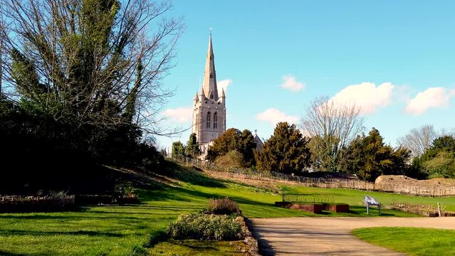 All Saints church seen from the grounds of Oakham castle in the market town of Oakham in the smallest county in England, Rutland