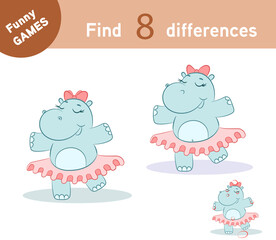 Game for kids to find differences funny animal. Hand drawn line cute hippo ballet dancer vector illustration. Cartoon girl hippopotamus isolated on white background.