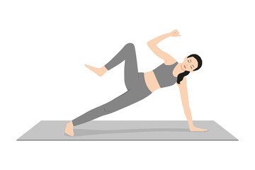 Fototapeta premium Side Plank Pose Crunch. Beautiful girl practice Vasisthasana Crunch. Young attractive woman practicing yoga exercise. working out, black wearing sportswear, grey pants and top, indoor full length,