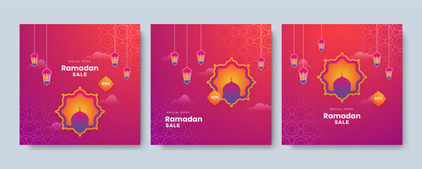 Fototapeta na wymiar Islamic ramadan kareem sale social media post feed story template. Ramadan square greeting card for promotion marketing with islamic middle east mosque. Vector illustration.