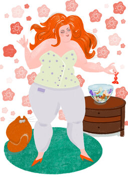 Plus size woman eating candy isolated
