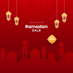 Islamic ramadan kareem sale social media post feed story template. Ramadan square greeting card for promotion marketing with islamic middle east mosque. Vector illustration.