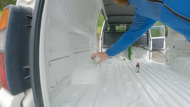 Young Bearded man Vanishing Camper Van after Painting, Rebuilding Van, Mitsubishi L300, Veteran 4k