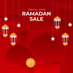 Islamic ramadan kareem sale social media post feed story template. Ramadan square greeting card for promotion marketing with islamic middle east mosque. Vector illustration.