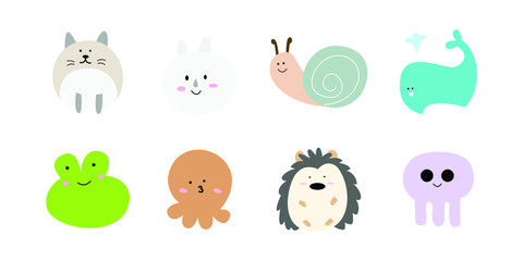 Cute animal faces. Simple hand drawn characters. Vector illustration design. Wildlife adorable character design for baby stuff