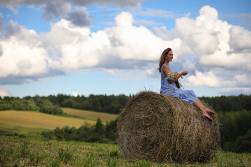 Naklejka na ściany i meble Two girls in dresses in summer field