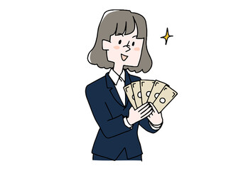 お金を見ながら考え事をする女性　コミカルな手書きの人物　ベクター、線画にシンプルな色つけ　