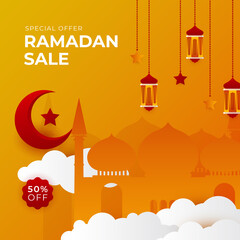 Fototapeta premium Islamic ramadan kareem sale social media post feed story template. Ramadan square greeting card for promotion marketing with islamic middle east mosque. Vector illustration.