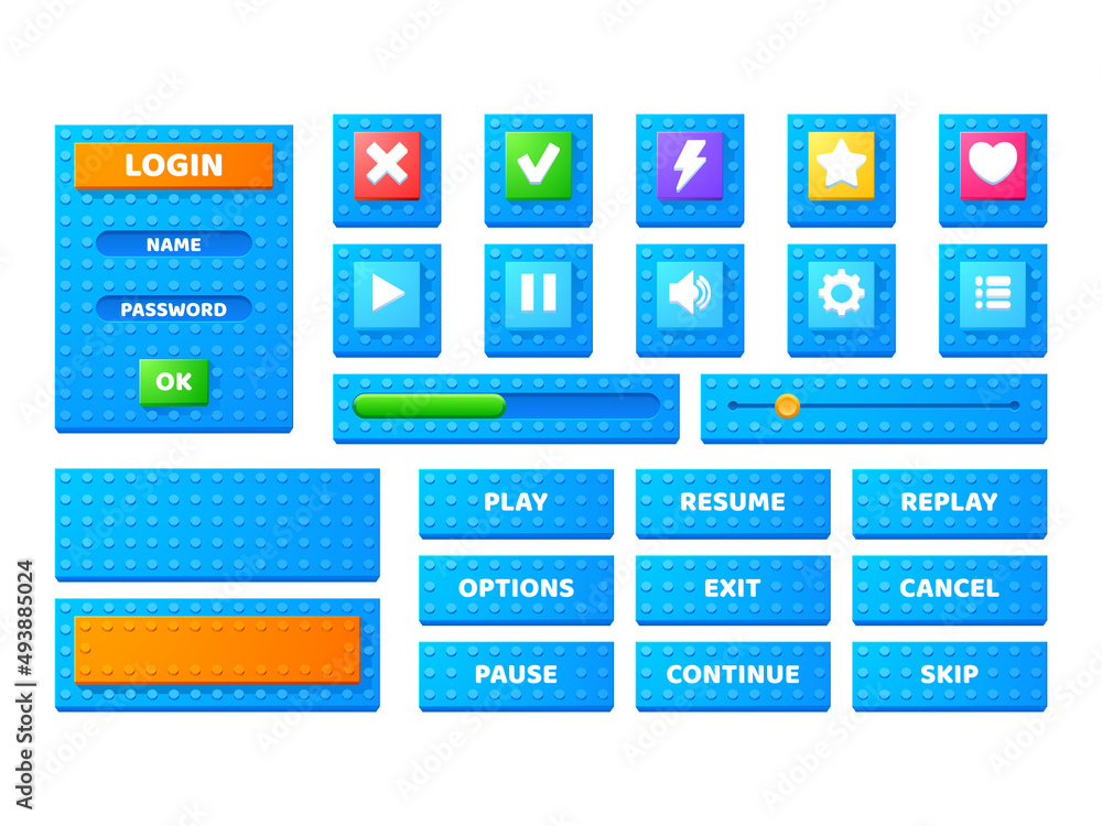 Poster set game menu elements block toy texture. cartoon buttons, options, progress bars ui design interfac
