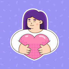 Girl hugs heart. Love day sticker. Heart shape. The concept of love and care - 493885257