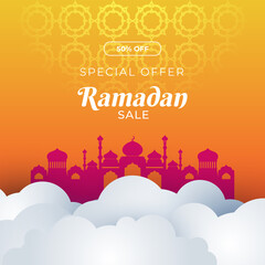 Islamic ramadan kareem sale social media post feed story template. Ramadan square greeting card for promotion marketing with islamic middle east mosque. Vector illustration.