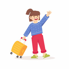 Girl with a suitcase. Little traveler cartoon style. Kid girl holds suitcase and wave your hand - 493885298