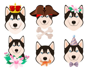 A set of funny dogs on a white background. Husky breed. Cartoon design.
