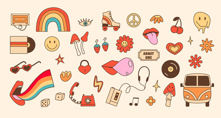 Big retro set of stickers with 70s 80s style elements. Old fashioned objects, psychedelic mushroom and daisy flower. Hippie outline colored icons. Vector illustration.