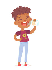 Happy kid drinking milk for body strength and growth vector illustration. Cartoon cute little boy holding glass in hand to enjoy fresh healthy drink on breakfast or dinner at home isolated on white