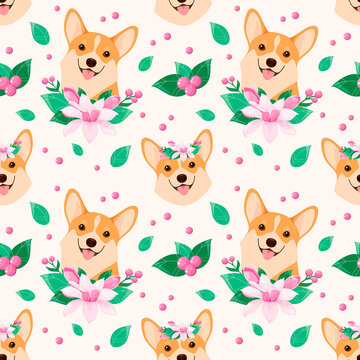 Seamless pattern with corgi and flowers. Cartoon design.

