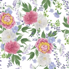 Möbelaufkleber Watercolor painting seamless pattern with  beautiful peony flowers and wildflowers, leaves on white background © ramiia