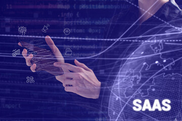 Business, technology, internet and network concept. Young businessman thinks over the steps for successful growth: SAAS