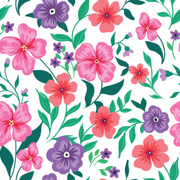 Cute floral print with pink flowers, various leaves, twigs on a light field. Seamless pattern, romantic botanical background with small hand-drawn plants. Vector illustration.