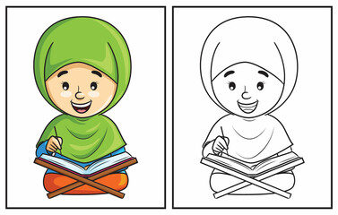 Coloring book cute girl reading Quran. Coloring page and colorful clipart character. Vector cartoon illustration.