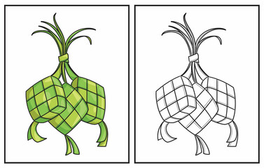 Coloring book cute ketupat. Coloring page and colorful clipart character. Vector cartoon illustration.