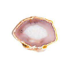 Cross section of beige pink agate crystal isolated on white background, natural slice mineral stone macro closeup, agate crystal surface, beautiful gemstone. Precious stone pastel color