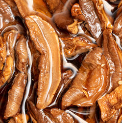 Dried mushrooms in water as background.