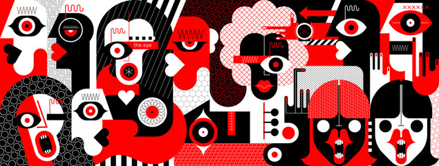 Grote groep emotionele volwassen mensen die communiceren en ruzie maken. Rode, zwarte en witte kleuren vector illustratie. Moderne digitale schilderij.