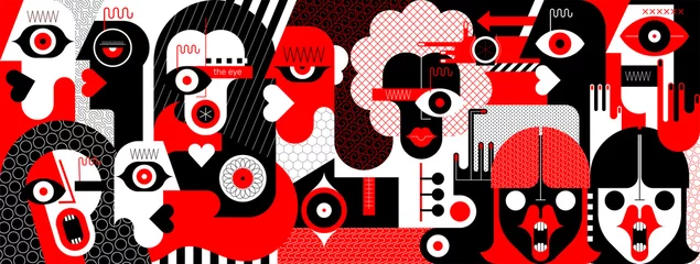 Poster Im Rahmen Große Gruppe emotionaler erwachsener Menschen, die kommunizieren und streiten. Rote, schwarze und weiße Farbvektorillustration. Moderne digitale Malerei. ©  danjazzia