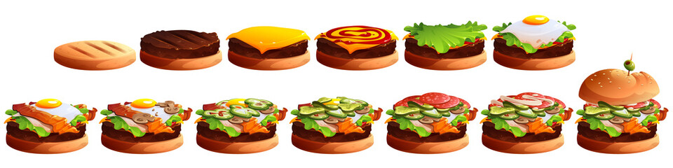 Burger cooking stages. Hamburger layers with bun, beef patty, cheese, egg and vegetable slices. Vector cartoon set of steps of making fastfood with bacon, tomato, sauces and lettuce