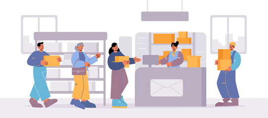 People visit post office. Men and women customers stand in queue on reception desk with worker giving parcels and man employee bring boxes. Mail delivery service, postage, Line art vector illustration