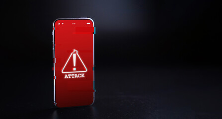 Cyber hacker attack smartphone. Internet web hack technology. Digital mobile phone isolated on black. Information security terms cybersecurity banner.