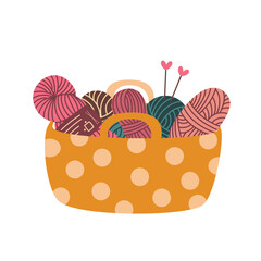 Сolorful skeins of wool yarn and knitting needles in a knitting basket. Vector flat illustration, isolated, cartoon, clipart.