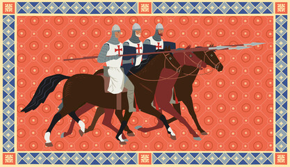 Knights on a decorative background. Three Templars are galloping on horseback. Book miniature style