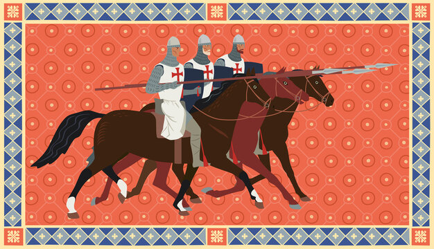 Knights on a decorative background. Three Templars are galloping on horseback. Book miniature style