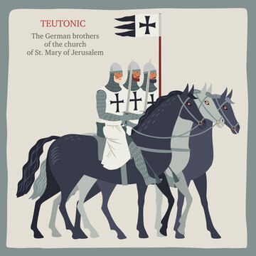 Teutonic Crusaders. Three Knight Riders. Medieval illustration