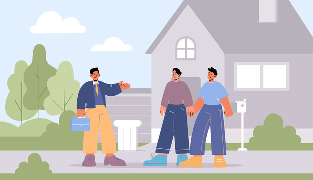 Gay Couple Buy New House, Agent Show Cottage To Male Characters Holding Hands. Homosexual Family Buying Real Estate Property, Mortgage Loan Or Home Purchase Concept, Line Art Vector Illustration