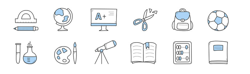 Set school doodle icons protractor, pencil, globe, excellent test result on pc. Scissors, backpack, soccer ball and chemical beakers, paints, telescope, textbook, abacus Line art vector illustration © klyaksun