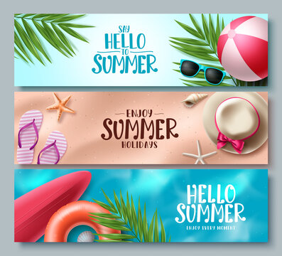 Summer vector banner set design. Hello summer collection with beach elements for tropical season background. Vector illustration. 
