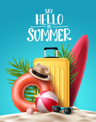 Summer vector poster background design. Hello summer greeting text with beach elements like luggage, floater, and surfboard for travel outdoor decoration. Vector illustration.  © AmazeinDesign