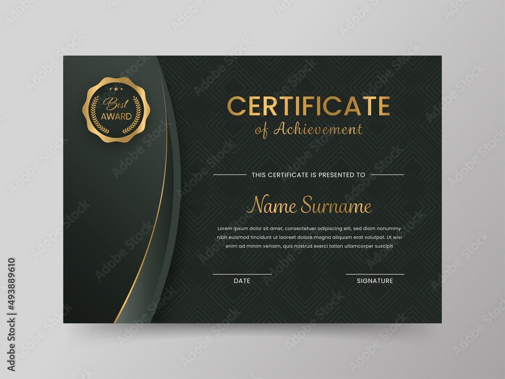 Poster certificate of achievement template with rhombus overlay pattern in dark color.