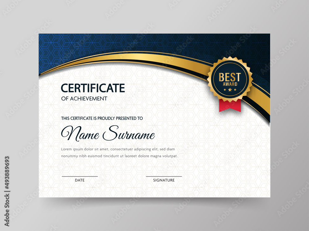 Poster horizontal certificate of achievement template with geometric pattern in blue and white color.