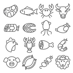 Meat and Seafood Line Icons set on white background