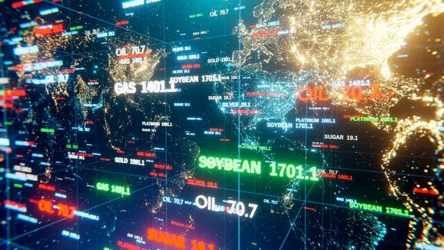 Camera movement through 3D space with a world map and stock indexes. Digital animation of stock market price changes. Animation loop 4k