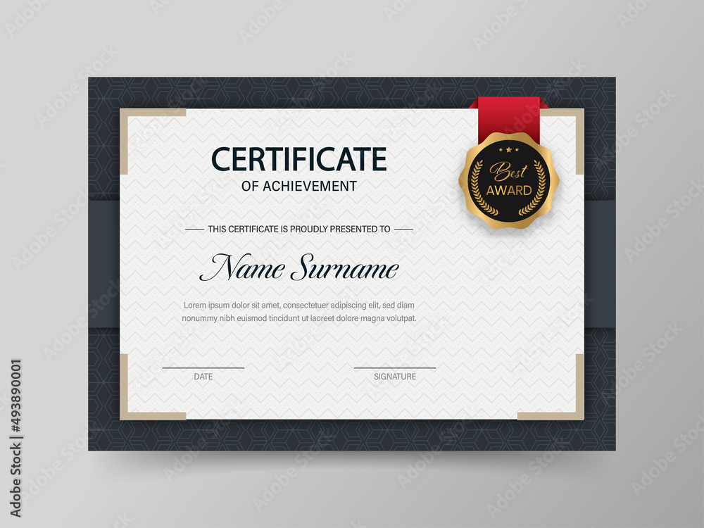 Poster certificate of achievement template with medal badge and zigzag line pattern in white and black colo
