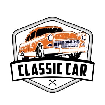 Classic car with emblem. Vector illustration with the image of an old classic car, design logos, posters, banners, signage.