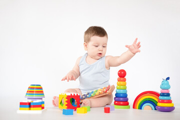 Baby Educational Toys, Kid Play Colorful wooden toys on white background Children Education