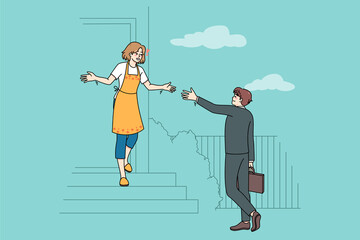 Happy woman stand on stairs meet husband coming home from work. Smiling housewife welcome man lover in own beautiful house. Couple and family relationship. Vector illustration. 