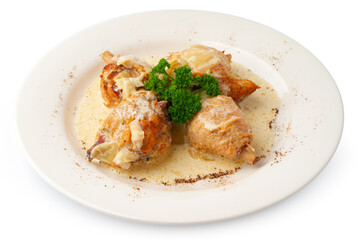 Cooked chicken meat pieces isolated on white