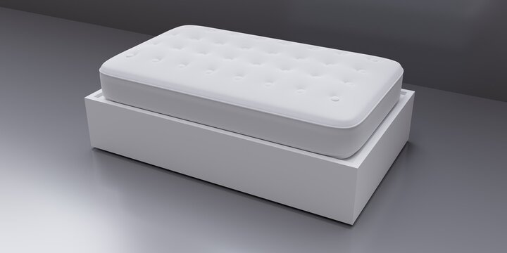 Bed and single mattress white color isolated on gray, Bedroom, comfort sleep. 3d render